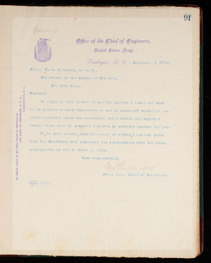 Thomas Lincoln Casey Letterbook (1888-1895), Thomas Lincoln Casey to Captain W. A. Kirkland, November 7, 1889