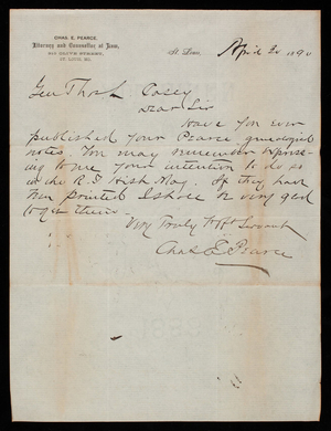 [Charles] E. Pearce to Thomas Lincoln Casey, April 30, 1890