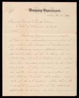 [William] Windom to Thomas Lincoln Casey, November 30, 1889 (1)