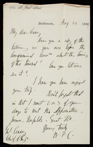 [William P. Craighill] to Thomas Lincoln Casey, August 29, 1889