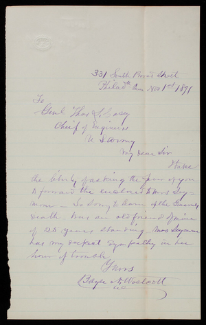 Bayse N. Westcott to Thomas Lincoln Casey, November 1, 1891