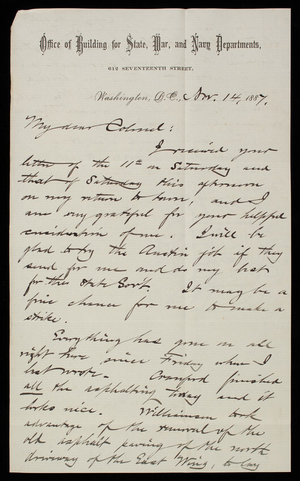Bernard R. Green to Thomas Lincoln Casey, November 14, 1887