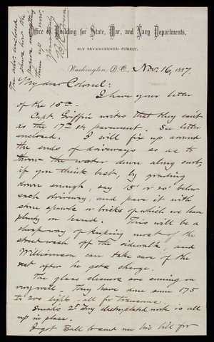 Bernard R. Green to Thomas Lincoln Casey, November 16, 1887