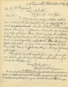 Letter from Benjamin Smith Lyman to Rossiter W. Raymond