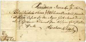 Receipt from Abraham Whipple to Nicholas Brown & Co. for purchase of 'one Negro girl named Deuse'