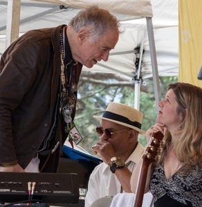 David Amram, Guy Davis, and Dar Williams (from left) on stage at the Clearwater Festival