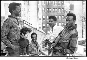 Chambers Brothers: (l-r) George Chambers, Brian Keenan, Joe Chambers, Willie Chambers, and Lester Chambers on a fire escape