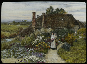 The Dairy Farm near Crewkerne, Somerset (large thatched- roofed cottage with flower garden, woman and child on path)