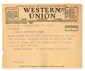 Telegram From George Streator To W. E. B. Du Bois - Digital Commonwealth