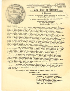 Circular letter from star of Ethiopia Philadelphia Pageant Committee to unidentified correspondent
