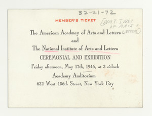 National Institute of Arts and Letters Ceremonial and Exhibition member's ticket