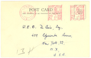 Postcard from A. & C. Black, Ltd. to W. E. B. Du Bois