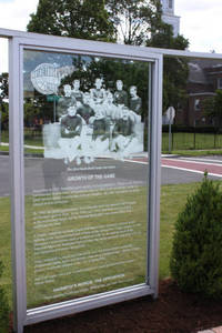 The growth of the game of basketball panel in the Monument to the First Game of Basketball on Mason Square, 2011