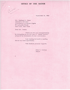 Letter from Executive Director of the City of New York Commission on Human Rights Madison S. Jones to Mayor John Collins regarding a "ethnic survey" with attached response