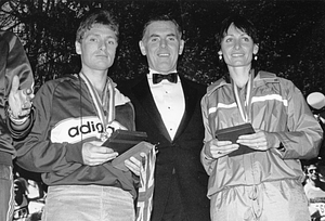 Mayor Raymond L. Flynn with 1984 Boston Marathon winners Geoff Smith and Lorraine Moller