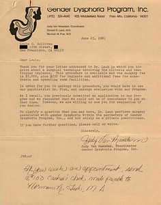 Correspondence from Judy Van Maasdam to Lou Sullivan (June 25, 1981)