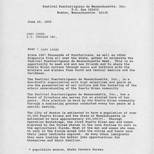 First page of letter from Carmen Ocasio and Reinelda Rivera to Gary Loser at R.G. Reynolds, Inc., inviting them to participate in Festival Puertorriqueño