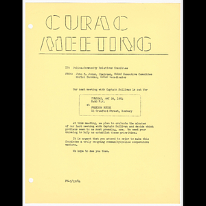 Memorandum from John F. Jones, Chairman CURAC Executive Committee and Muriel Snowden CURAC Coordinator to Police-Community Relations Committee about meeting with Captain Sullivan on May 26, 1964