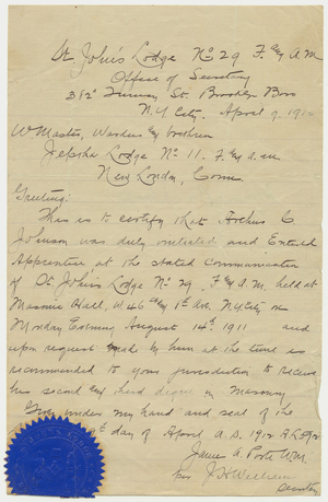 Letter of introduction from St. John’s Lodge, 1912 April 9