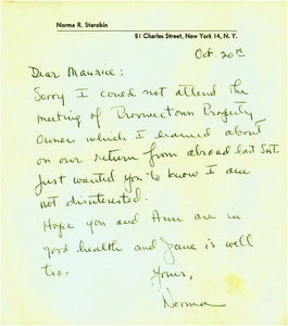 Note from Norma Starobin to "Maurice" (Brigadier?)