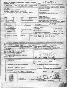 John Joseph Moakley's "Notice of Separation from U.S. Naval Service" form, 8 February 1946