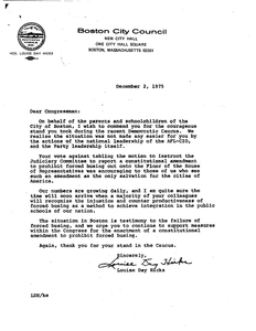 Correspondence between John Joseph Moakley and Boston City Councilor Louise Day Hicks regarding a proposed constitutional amendment to prohibit forced busing, 2 December 1975