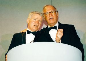William M. Bulger (left) and John Joseph Moakley singing at the Salute to Moakley event