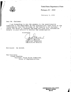 Letter to John Joseph Moakley from Janet G. Mullins, Assistant Secretary, Legislative Affairs, regarding her answers to a questionnaire submitted to the Department of State by the Congressional Task Force on the Jesuit murder investigation, 2 February 1990