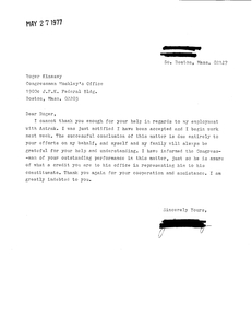 Constituent thank you letter to John Joseph Moakley regarding Amtrak employment