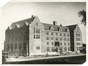 Saint Mary's Hall exterior during construction, from Linden Lane when almost finished