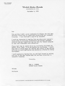 Form letter from Senator Paul E. Tsongas regarding the role utilities should play in supporting conservation and renewable resources
