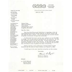 Letter, Citywide Educational Coalition, April 8, 1980.