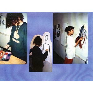 Three scenes of girls painting life-size portraits on a wall in an Areyto Program after-school class.