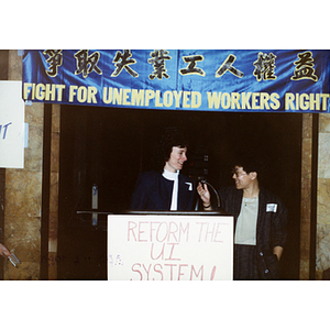 Speaker and Suzanne Lee at an unemployment insurance rally