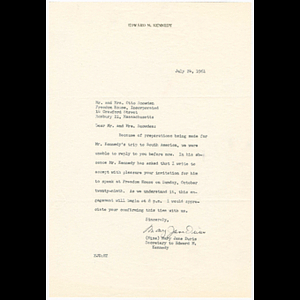 Letter from Mary Jane Duris, Secretary to Edward M. Kennedy, to Muriel and Otto Phillip Snowden accepting invitation to speak at Freedom House