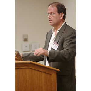 Peter Barrett, PhD '79, speaks at the NU Today Cancer Research Panel