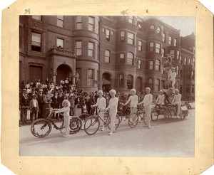 Woodbridge Bicycle Club standing in parade formation on Columbia Avenue, Boston, Mass., 1896