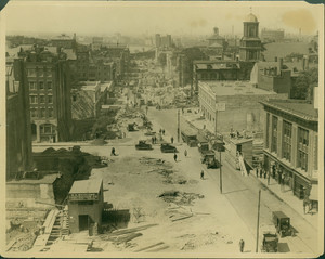 Birdseye view of Cambridge St. from Bowdoin Square showing street construction, Boston, Mass., ca. 1926
