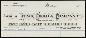 Billhead for Russ, Cobb & Company, manufacturers of fine hand-knit worsted goods, No. 19 Summer Street, Boston, Mass., 1800s
