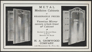 Trade card for metal medicine cabinets, H.A. Grimwood Company, 1163 Westminster Street, Providence, Rhode Island, undated