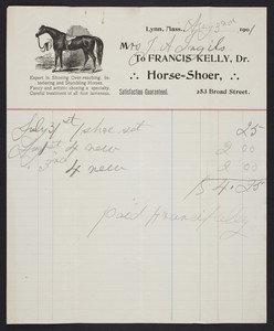 Billhead for Francis Kelly, Dr., horse-shoer, 253 Broad Street, Lynn, Mass, dated August 3, 1901
