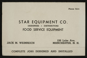 Business card for Star Equipment Co., 136 Lake Ave., Manchester, N.H., undated