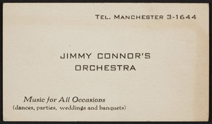 Trade card for Jimmy Connor's Orchestra, location unknown, undated
