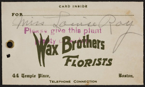 Envelope for the Wax Brothers, florists, 44 Temple Place, Boston, Mass., March 19, 1924