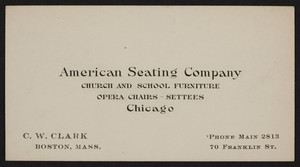 Business card for the American Seating Company, church and school furniture, opera chairs, settees, Chicago, Illinois, undated