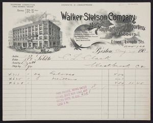 Billhead for the Walker Stetson Company, manufacturers, importers and jobbers, Essex & Lincoln Streets, Boston, Mass., dated August 29, 1902
