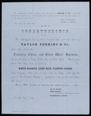 Copartnership agreement form for Taylor, Perkins & Co., crockery, china and glass ware business, No. 62 Pearl Street, New York, New York, April 7, 1854