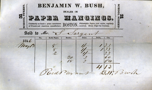 Billhead for Benjamin W. Bush, dealer in paper hangings, 31 School Street, Boston, Mass., dated May 13, 1846