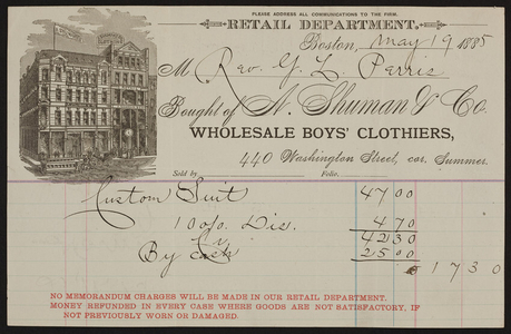 Billhead for A. Shuman & Co., wholesale boys' clothiers, 440 Washington Street corner Summer, Boston, Mass., dated May 19, 1885