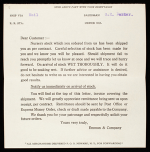 Billhead letter, Emmon & Company, Newark, New York